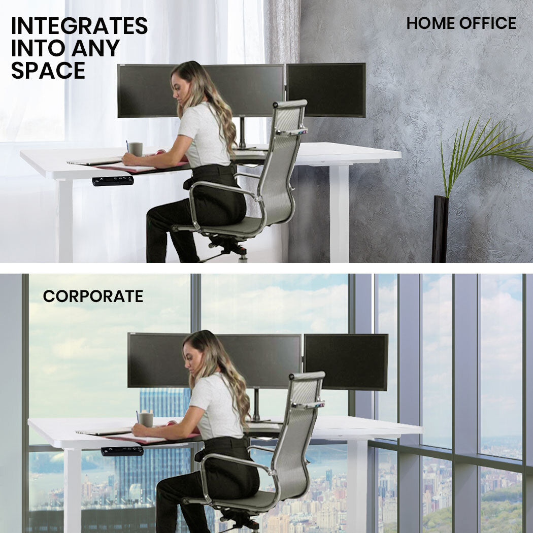 FORTIA L-Shape Standing Desk, 1450W x 850D x 600D, Dual Motor, 80kg Load, Sit to Stand Up Electric Height Adjustable, Left-Hand Sided, White/White Frame - Cosy Abode