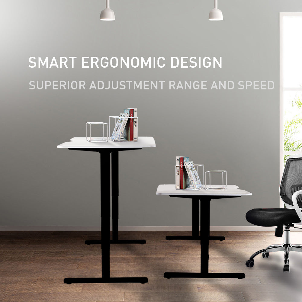 Fortia Sit To Stand Up Standing Desk, 160x75cm, 62-128cm Electric Height Adjustable, Dual Motor, 120kg Load, Arched, White/Black Frame - Cosy Abode