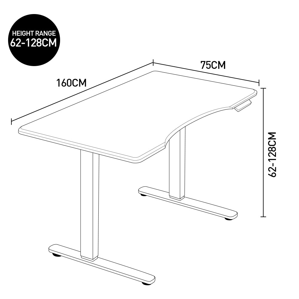 Fortia Sit To Stand Up Standing Desk, 160x75cm, 62-128cm Electric Height Adjustable, Dual Motor, 120kg Load, Arched, White/Black Frame - Cosy Abode