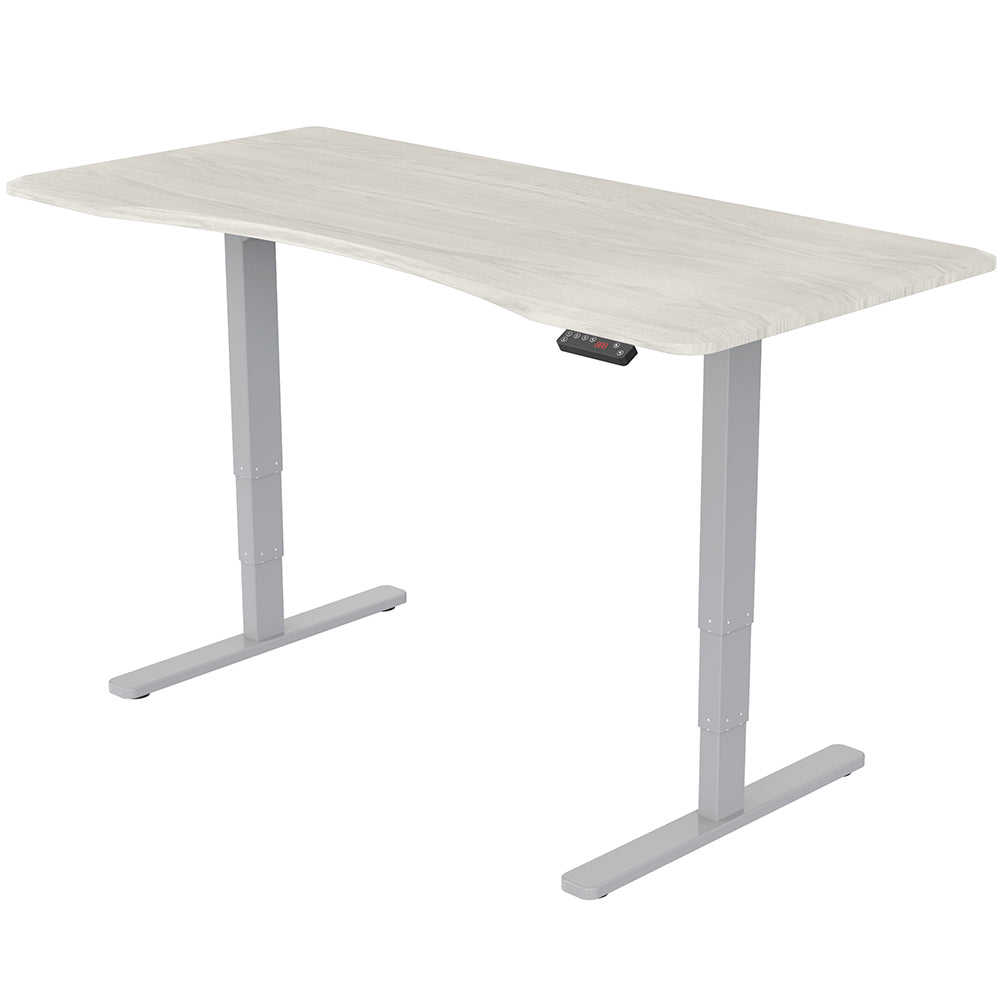 Fortia Sit To Stand Up Standing Desk, 150x70cm, 62-128cm Electric Height Adjustable, Dual Motor, 120kg Load, Arched, White Oak Style/Silver Frame - Cosy Abode