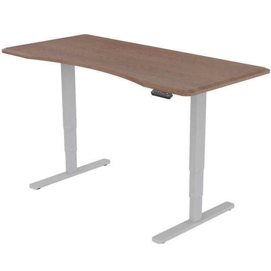 Fortia Sit To Stand Up Standing Desk, 160x75cm, 62-128cm Electric Height Adjustable, Dual Motor, 120kg Load, Arched, Walnut Style/Silver Frame - Cosy Abode