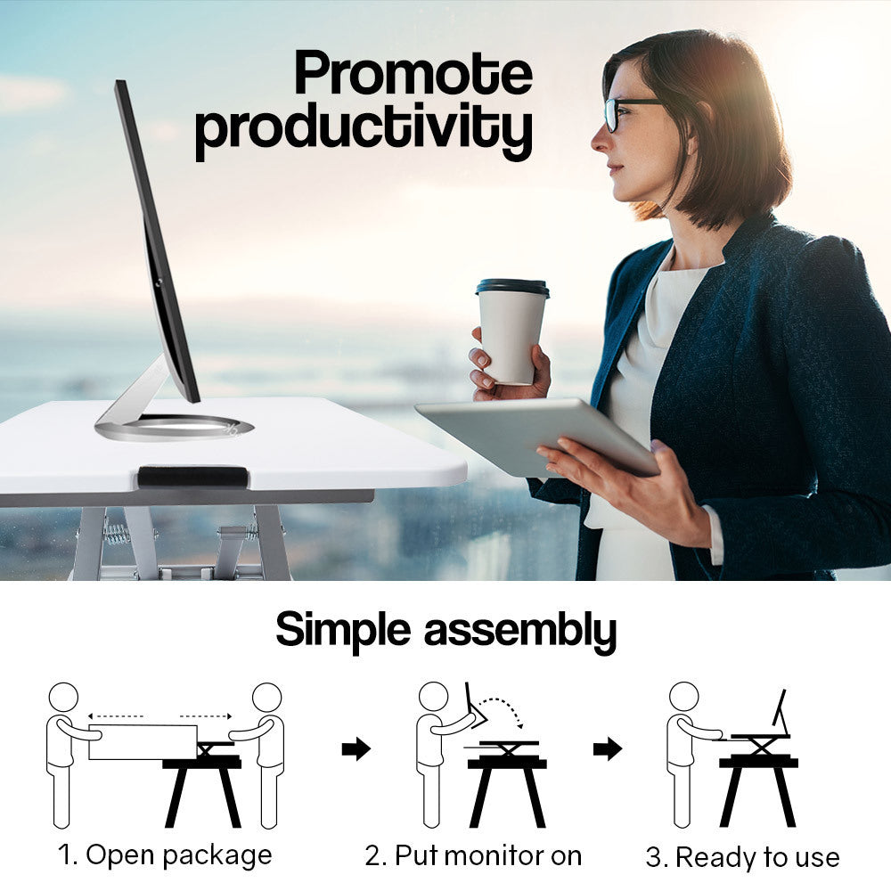 Fortia Desk Riser 74cm Wide Adjustable Sit to Stand for Dual Monitor, Keyboard, Laptop, White - Cosy Abode