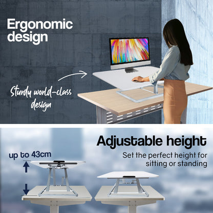 Fortia Desk Riser 74cm Wide Adjustable Sit to Stand for Dual Monitor, Keyboard, Laptop, White - Cosy Abode
