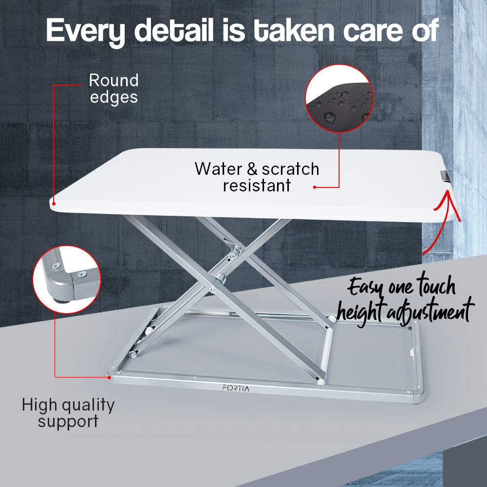 Fortia Desk Riser 74cm Wide Adjustable Sit to Stand for Dual Monitor, Keyboard, Laptop, White - Cosy Abode