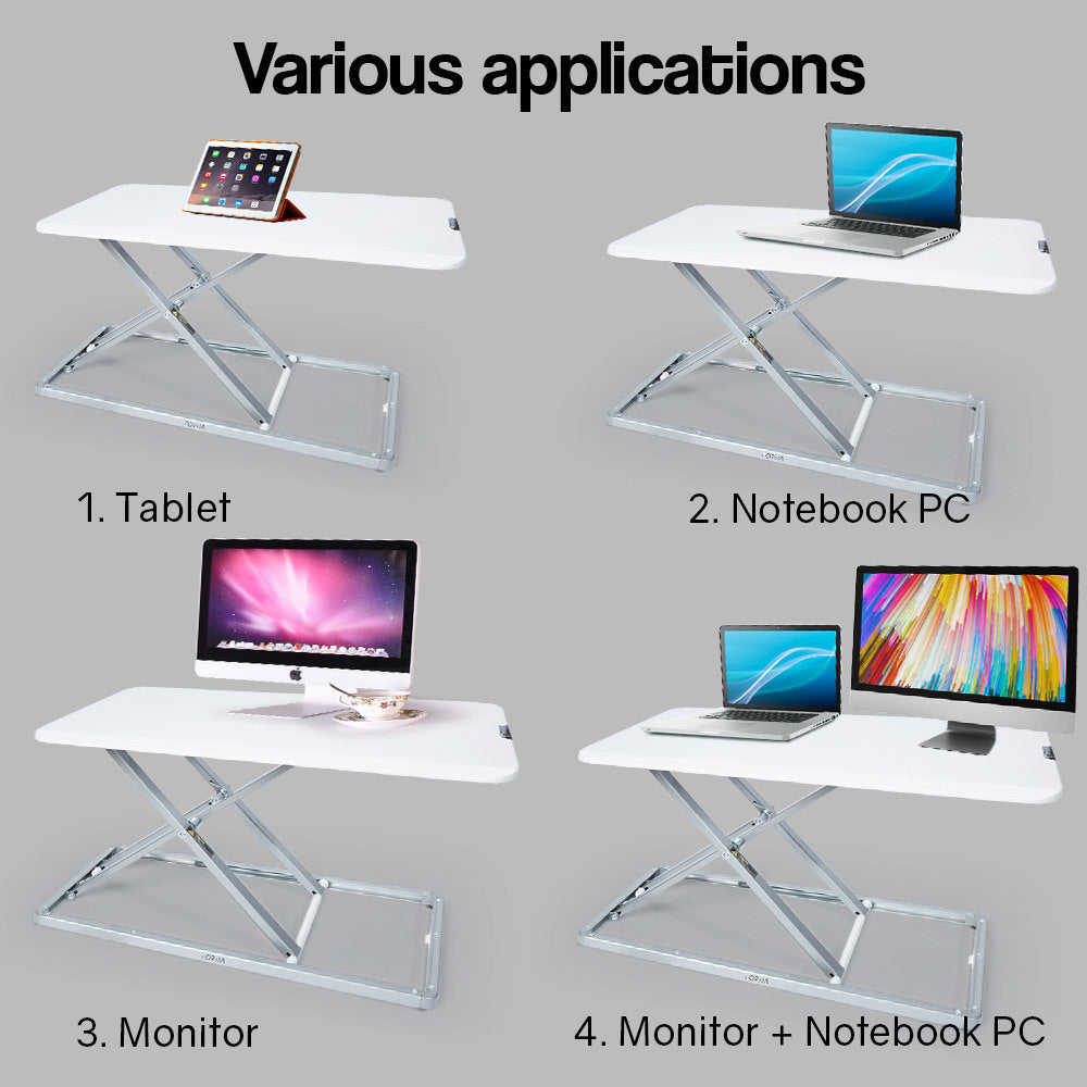 Fortia Desk Riser 74cm Wide Adjustable Sit to Stand for Dual Monitor, Keyboard, Laptop, White - Cosy Abode