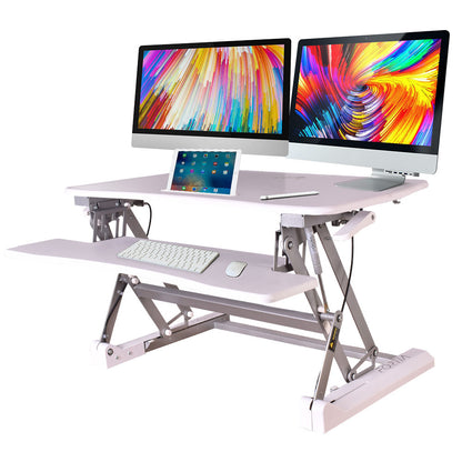 Fortia Desk Riser 90cm Wide Adjustable Sit to Stand for Dual Monitor, Keyboard, Laptop, White - Cosy Abode