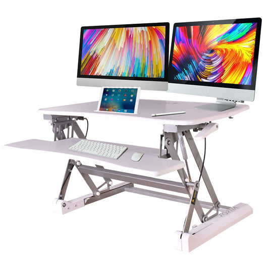 Fortia Desk Riser 90cm Wide Adjustable Sit to Stand for Dual Monitor, Keyboard, Laptop, White - Cosy Abode