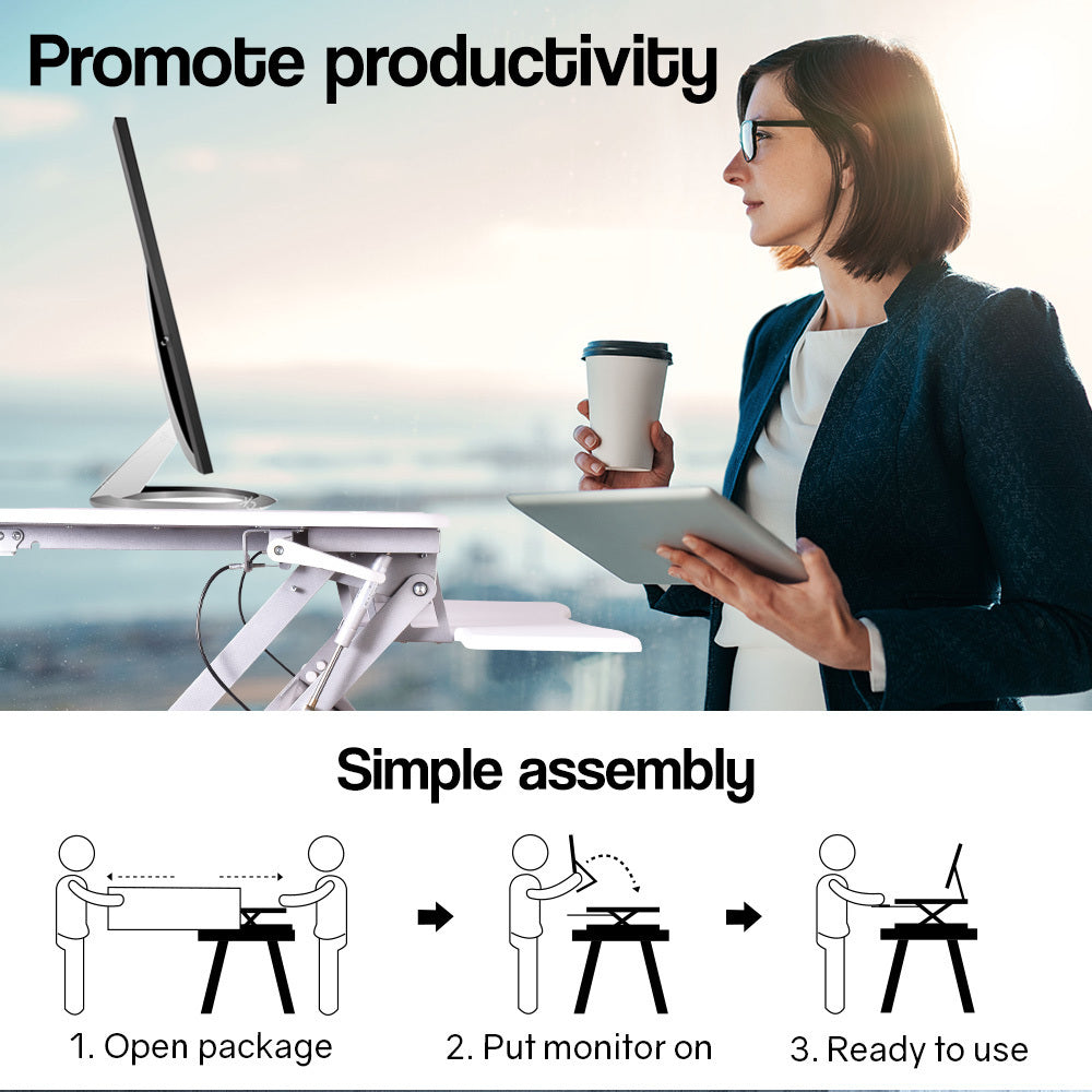 Fortia Desk Riser 90cm Wide Adjustable Sit to Stand for Dual Monitor, Keyboard, Laptop, White - Cosy Abode