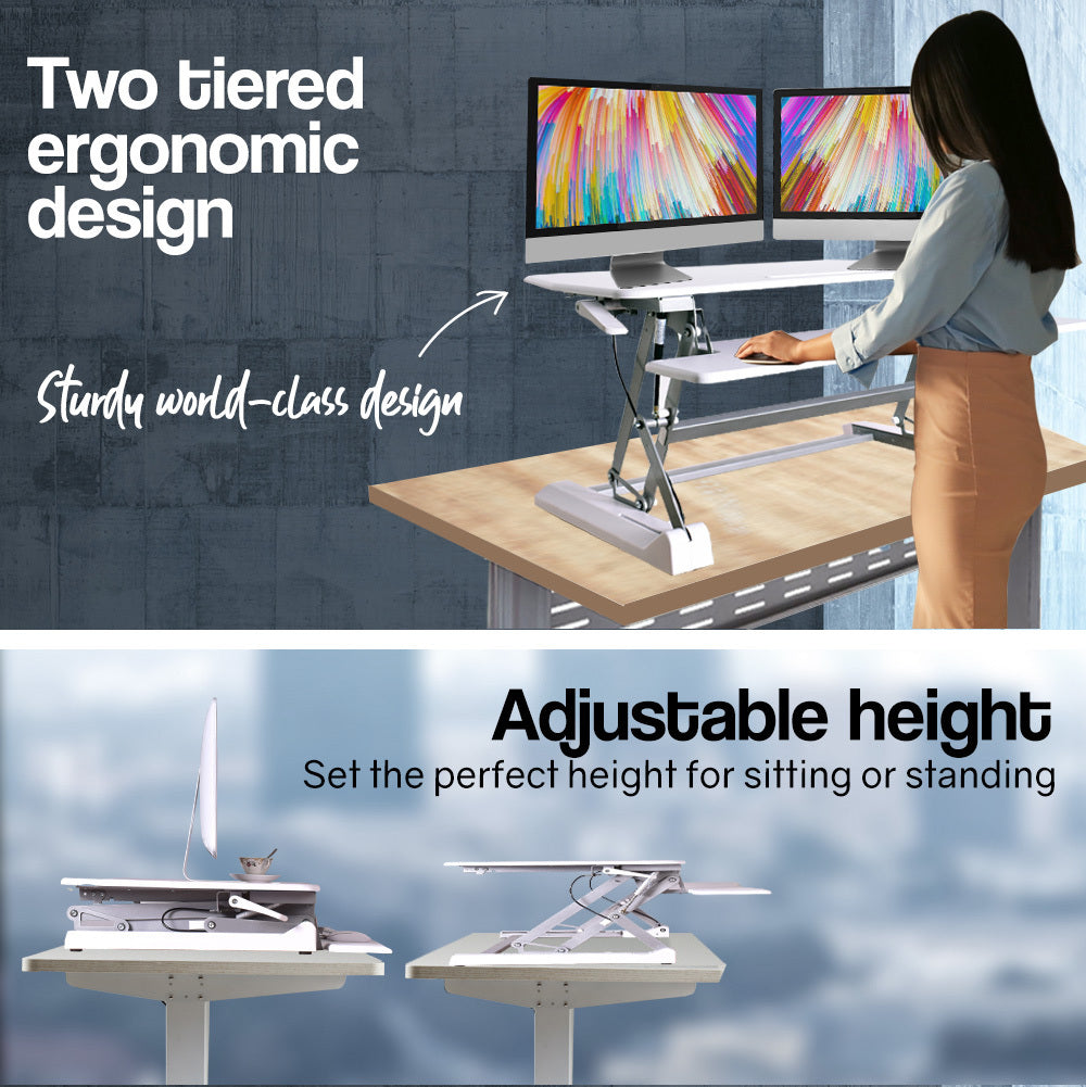 Fortia Desk Riser 90cm Wide Adjustable Sit to Stand for Dual Monitor, Keyboard, Laptop, White - Cosy Abode