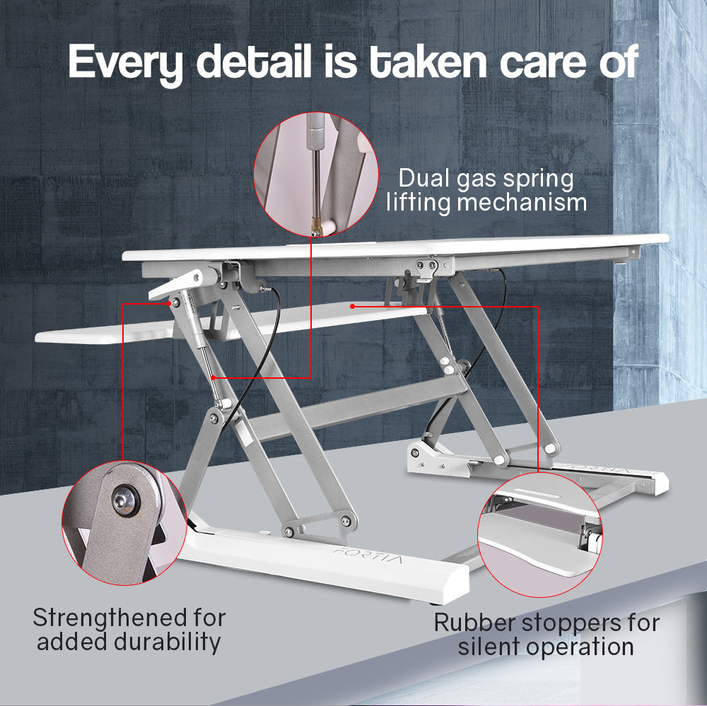 Fortia Desk Riser 90cm Wide Adjustable Sit to Stand for Dual Monitor, Keyboard, Laptop, White - Cosy Abode