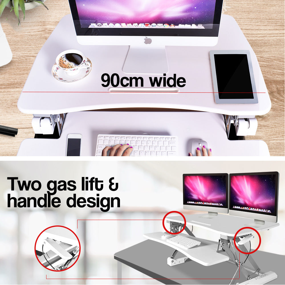 Fortia Desk Riser 90cm Wide Adjustable Sit to Stand for Dual Monitor, Keyboard, Laptop, White - Cosy Abode