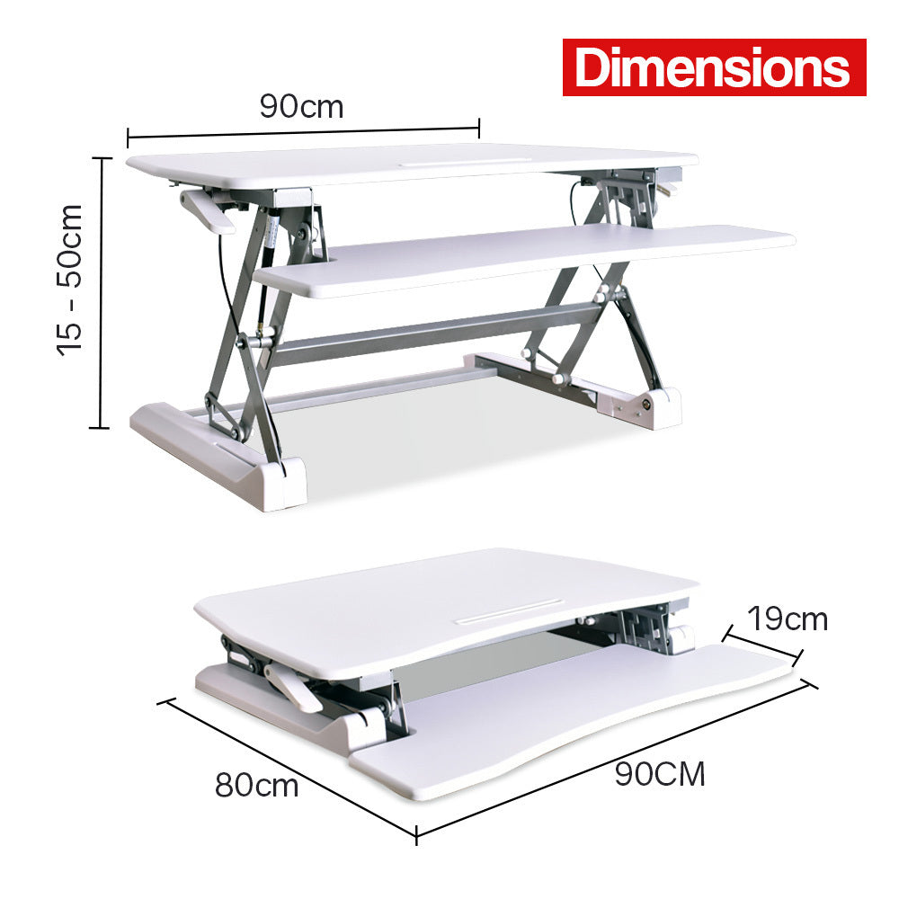 Fortia Desk Riser 90cm Wide Adjustable Sit to Stand for Dual Monitor, Keyboard, Laptop, White - Cosy Abode