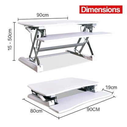 Fortia Desk Riser 90cm Wide Adjustable Sit to Stand for Dual Monitor, Keyboard, Laptop, White - Cosy Abode