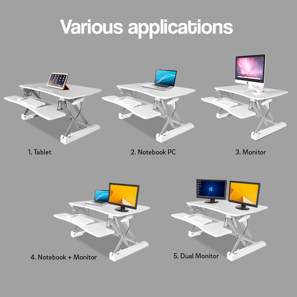 Fortia Desk Riser 90cm Wide Adjustable Sit to Stand for Dual Monitor, Keyboard, Laptop, White - Cosy Abode