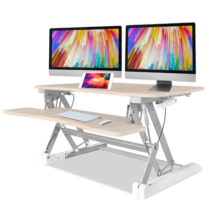 Fortia Desk Riser 90cm Wide Adjustable Sit to Stand for Dual Monitor, Keyboard, Laptop, Beech - Cosy Abode
