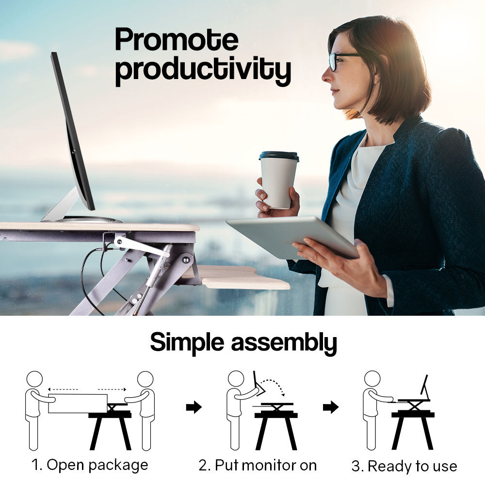 Fortia Desk Riser 90cm Wide Adjustable Sit to Stand for Dual Monitor, Keyboard, Laptop, Beech - Cosy Abode