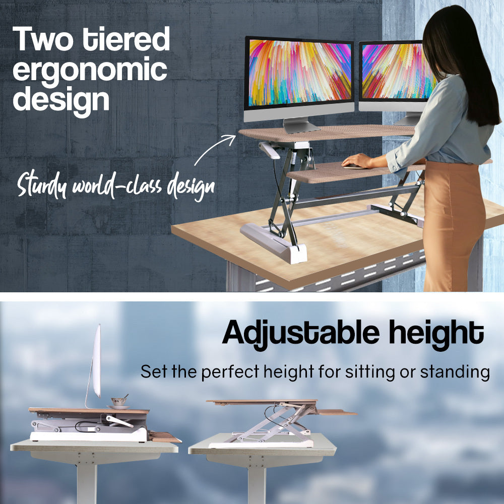 Fortia Desk Riser 90cm Wide Adjustable Sit to Stand for Dual Monitor, Keyboard, Laptop, Beech - Cosy Abode