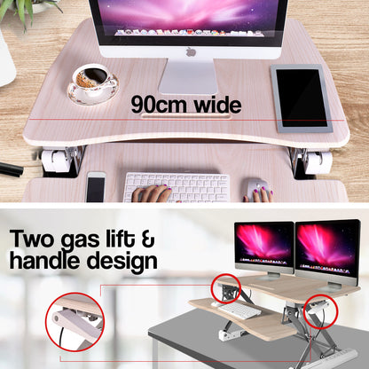 Fortia Desk Riser 90cm Wide Adjustable Sit to Stand for Dual Monitor, Keyboard, Laptop, Beech - Cosy Abode