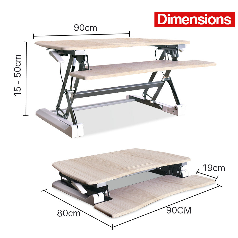 Fortia Desk Riser 90cm Wide Adjustable Sit to Stand for Dual Monitor, Keyboard, Laptop, Beech - Cosy Abode