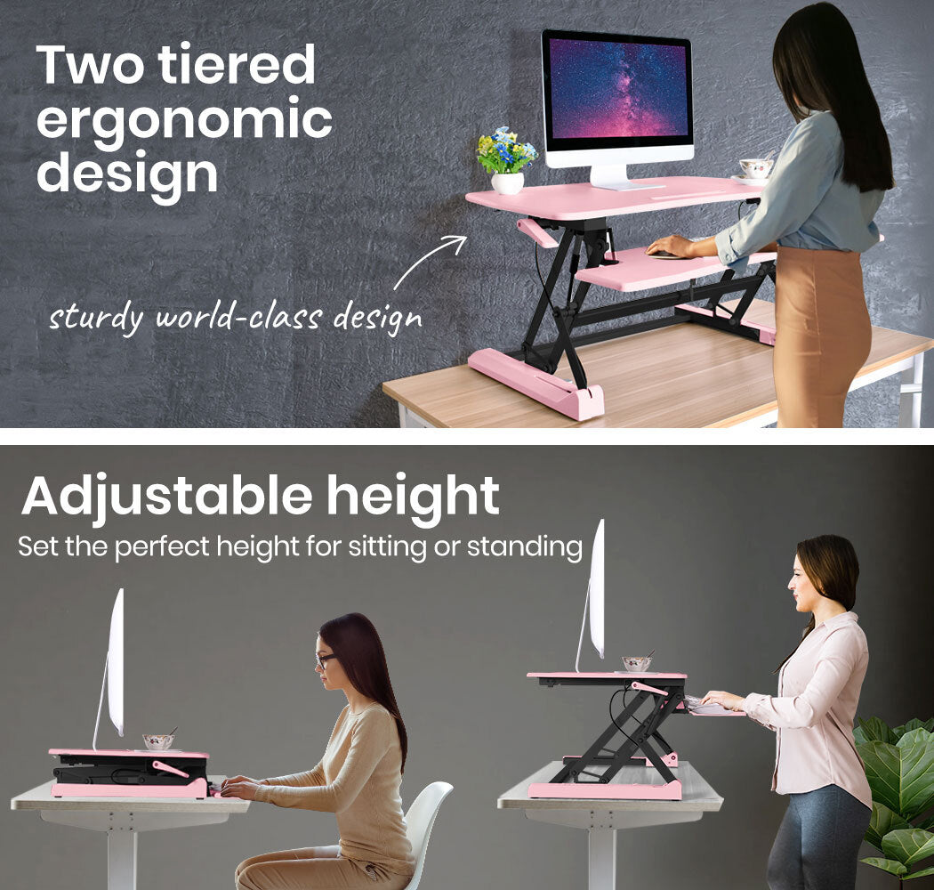 Fortia Desk Riser 90cm Wide Adjustable Sit to Stand for Dual Monitor, Keyboard, Laptop, Pink - Cosy Abode
