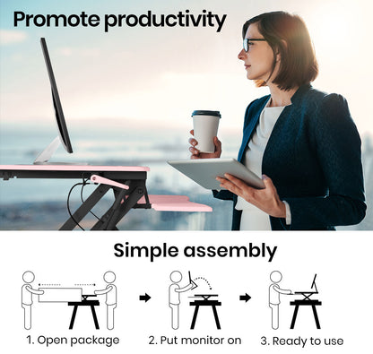 Fortia Desk Riser 90cm Wide Adjustable Sit to Stand for Dual Monitor, Keyboard, Laptop, Pink - Cosy Abode