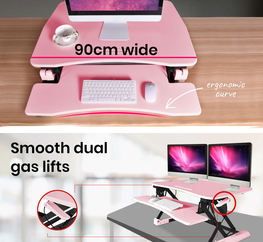 Fortia Desk Riser 90cm Wide Adjustable Sit to Stand for Dual Monitor, Keyboard, Laptop, Pink - Cosy Abode