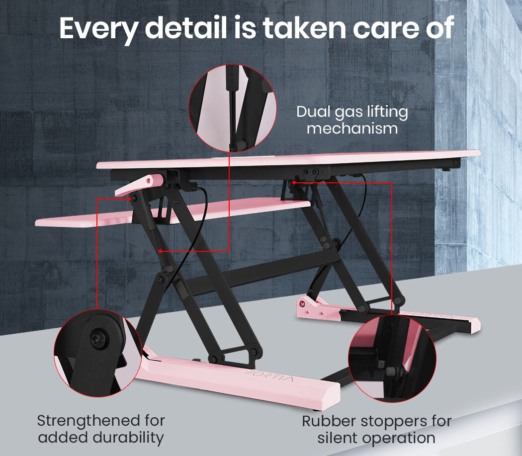 Fortia Desk Riser 90cm Wide Adjustable Sit to Stand for Dual Monitor, Keyboard, Laptop, Pink - Cosy Abode