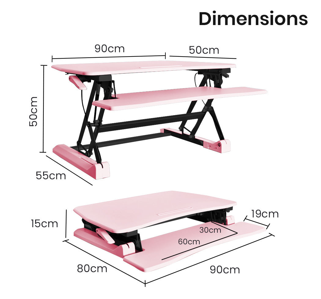 Fortia Desk Riser 90cm Wide Adjustable Sit to Stand for Dual Monitor, Keyboard, Laptop, Pink - Cosy Abode