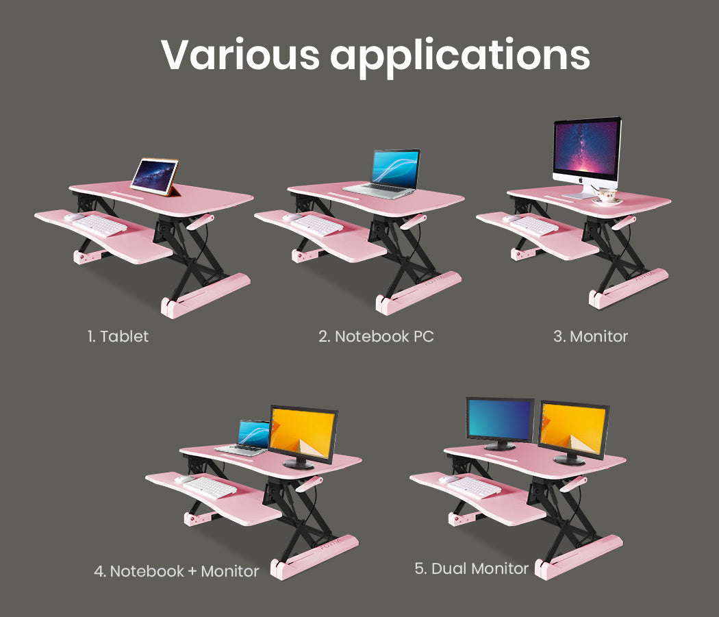 Fortia Desk Riser 90cm Wide Adjustable Sit to Stand for Dual Monitor, Keyboard, Laptop, Pink - Cosy Abode
