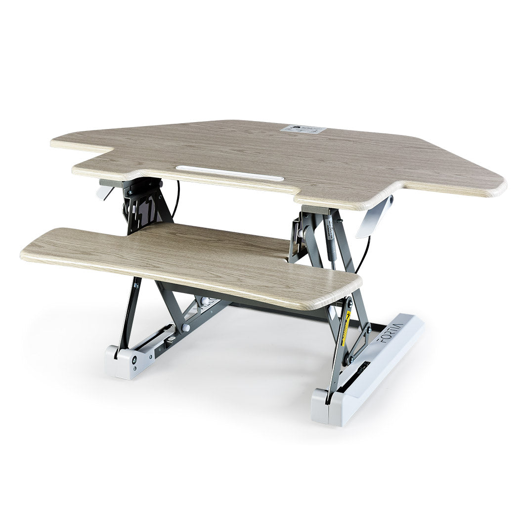 Fortia Corner Desk Riser 110cm Wide Adjustable Sit to Stand for Dual Monitor, Keyboard, Laptop, Beech - Cosy Abode