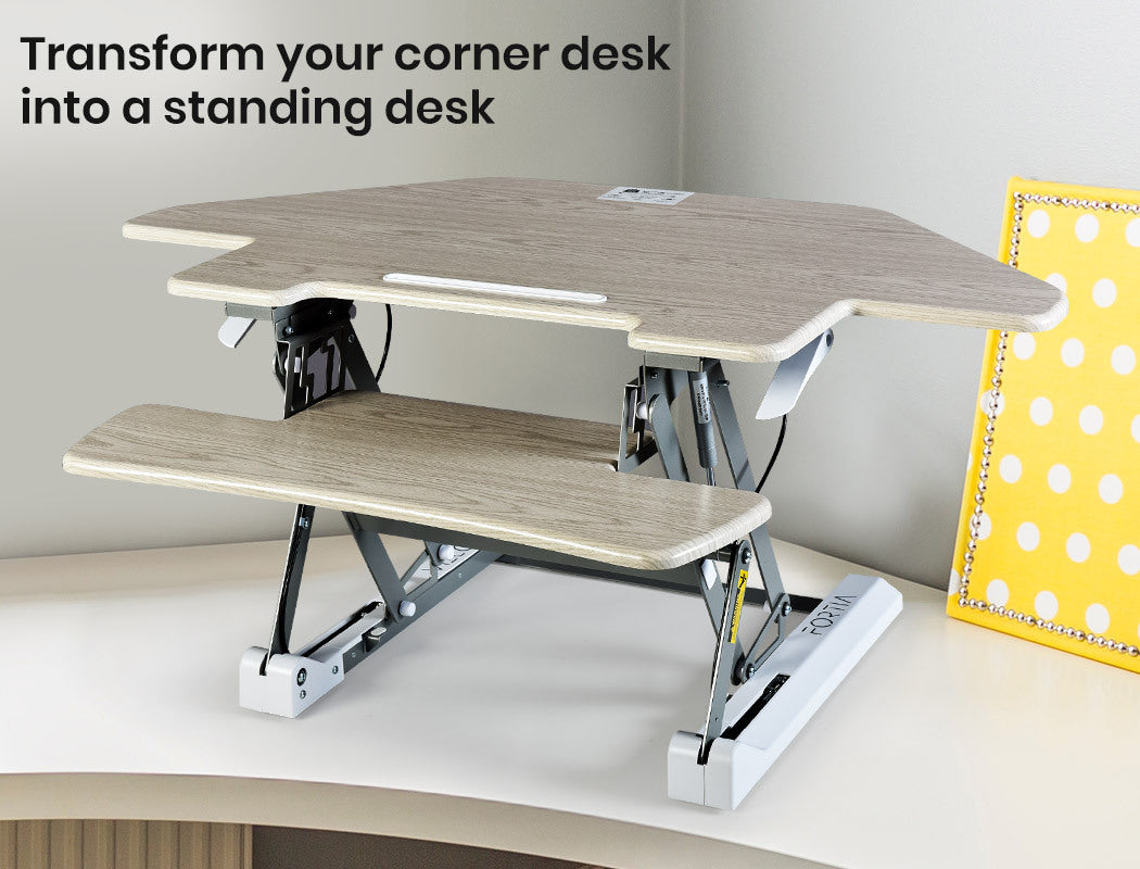 Fortia Corner Desk Riser 110cm Wide Adjustable Sit to Stand for Dual Monitor, Keyboard, Laptop, Beech - Cosy Abode