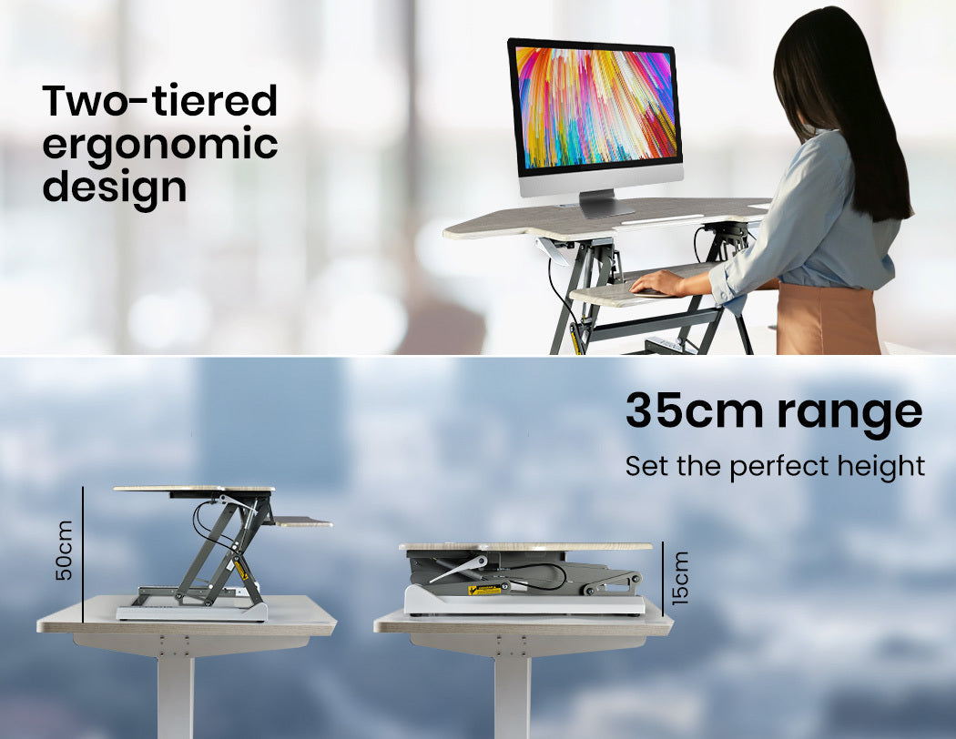 Fortia Corner Desk Riser 110cm Wide Adjustable Sit to Stand for Dual Monitor, Keyboard, Laptop, Beech - Cosy Abode