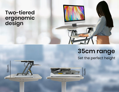 Fortia Corner Desk Riser 110cm Wide Adjustable Sit to Stand for Dual Monitor, Keyboard, Laptop, Beech - Cosy Abode