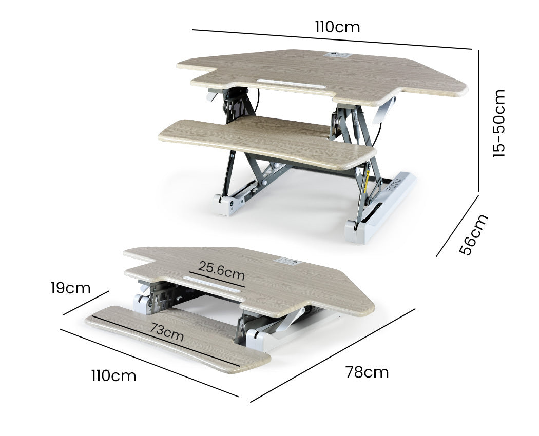 Fortia Corner Desk Riser 110cm Wide Adjustable Sit to Stand for Dual Monitor, Keyboard, Laptop, Beech - Cosy Abode