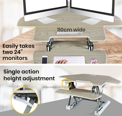 Fortia Corner Desk Riser 110cm Wide Adjustable Sit to Stand for Dual Monitor, Keyboard, Laptop, Beech - Cosy Abode