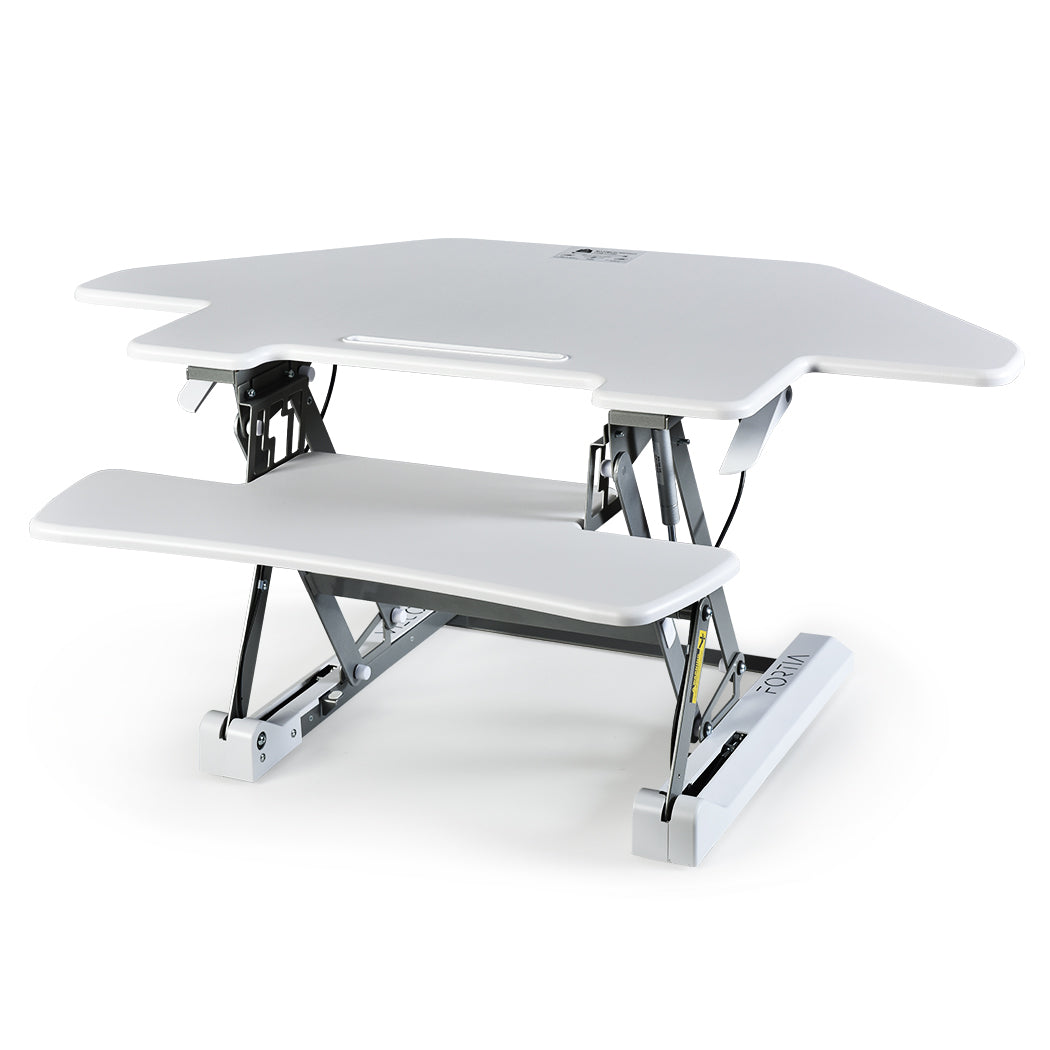 Fortia Corner Desk Riser 110cm Wide Adjustable Sit to Stand for Dual Monitor, Keyboard, Laptop, White - Cosy Abode