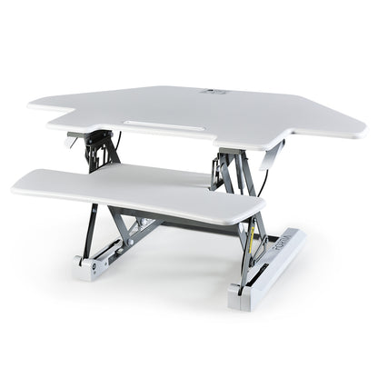 Fortia Corner Desk Riser 110cm Wide Adjustable Sit to Stand for Dual Monitor, Keyboard, Laptop, White - Cosy Abode