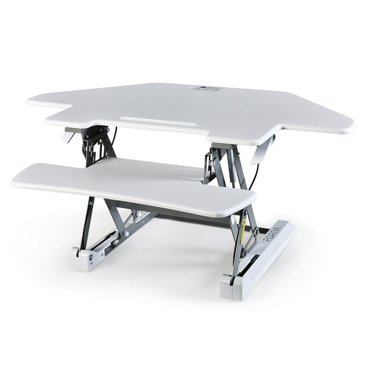 Fortia Corner Desk Riser 110cm Wide Adjustable Sit to Stand for Dual Monitor, Keyboard, Laptop, White - Cosy Abode