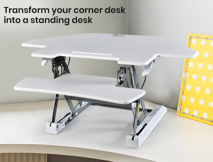 Fortia Corner Desk Riser 110cm Wide Adjustable Sit to Stand for Dual Monitor, Keyboard, Laptop, White - Cosy Abode