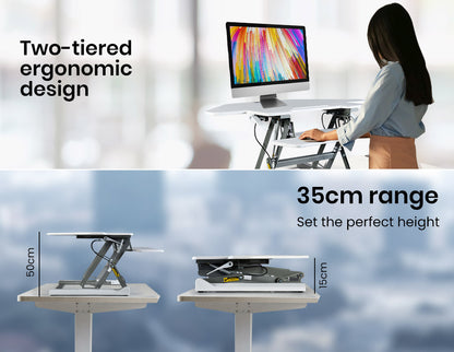 Fortia Corner Desk Riser 110cm Wide Adjustable Sit to Stand for Dual Monitor, Keyboard, Laptop, White - Cosy Abode