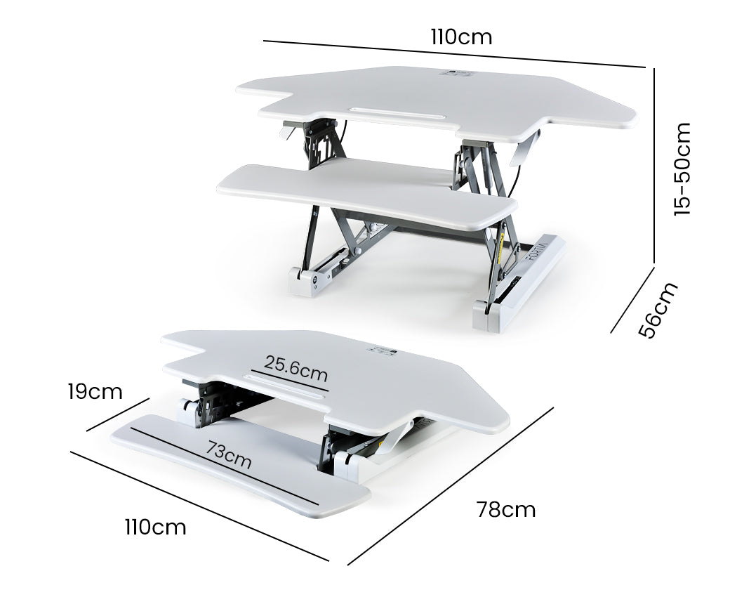 Fortia Corner Desk Riser 110cm Wide Adjustable Sit to Stand for Dual Monitor, Keyboard, Laptop, White - Cosy Abode