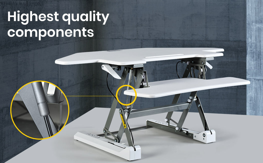 Fortia Corner Desk Riser 110cm Wide Adjustable Sit to Stand for Dual Monitor, Keyboard, Laptop, White - Cosy Abode