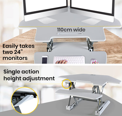 Fortia Corner Desk Riser 110cm Wide Adjustable Sit to Stand for Dual Monitor, Keyboard, Laptop, White - Cosy Abode