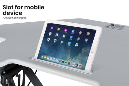 Fortia Corner Desk Riser 110cm Wide Adjustable Sit to Stand for Dual Monitor, Keyboard, Laptop, White - Cosy Abode