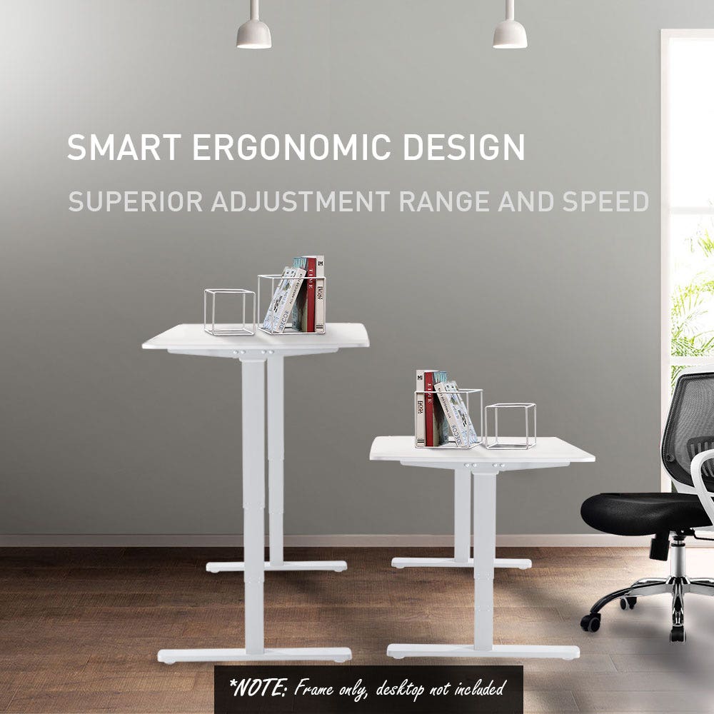 Fortia Sit To Stand Up Standing Desk, 150x70cm, 62-128cm Electric Adjustable Height, Dual Motor, 120kg Load, White/Black Frame - Cosy Abode