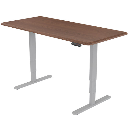 Fortia Sit To Stand Up Standing Desk, 150x70cm, 62-128cm Electric Height Adjustable, Dual Motor, 120kg Load, Walnut Style/Silver Frame - Cosy Abode