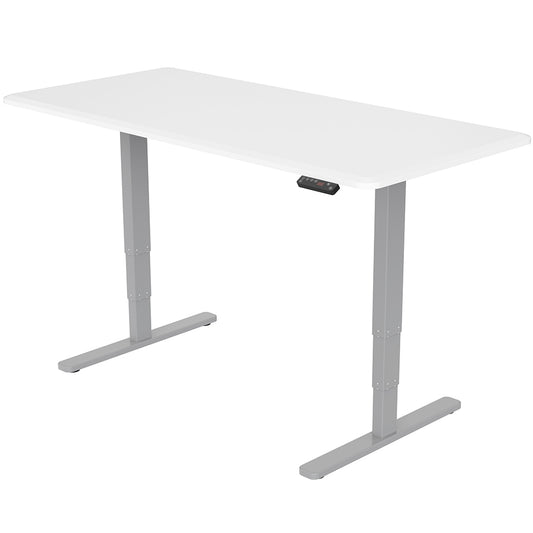 Fortia Sit To Stand Up Standing Desk, 160x75cm, 62-128cm Electric Height Adjustable, Dual Motor, 120kg Load, White/Silver Frame - Cosy Abode