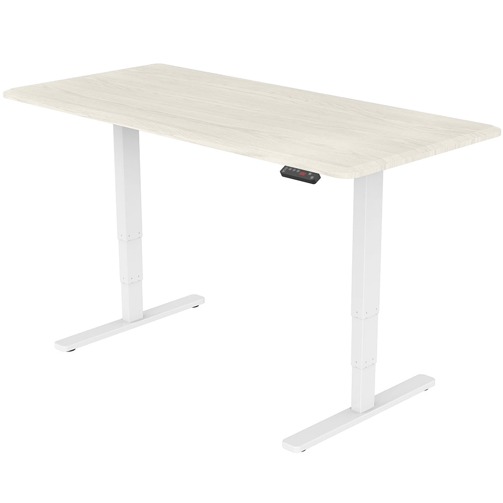 Fortia Sit To Stand Up Standing Desk, 150x70cm, 62-128cm Electric Height Adjustable, Dual Motor, 120kg Load, White Oak Style/White Frame - Cosy Abode