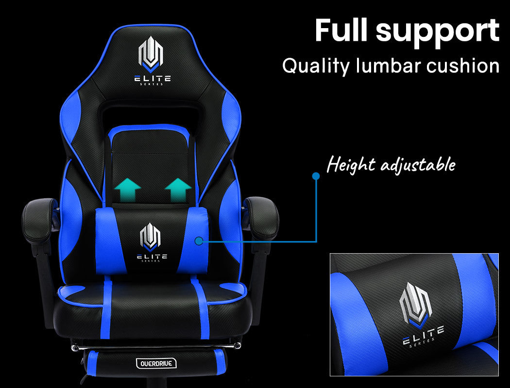 OVERDRIVE Gaming Chair Racing Computer PC Seat Office Reclining Footrest Blue - Cosy Abode