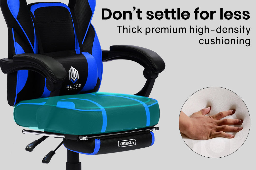 OVERDRIVE Gaming Chair Racing Computer PC Seat Office Reclining Footrest Blue - Cosy Abode